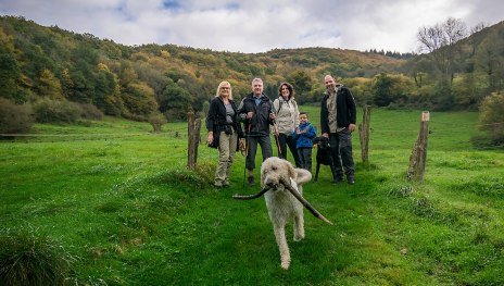 Wanderer auf dem Weg hinab ins Wiedtal | © Andreas Pacek, Touristik-Verband Wiedtal e.V.
